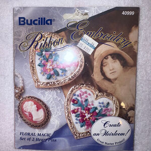 NOS Vintage 1994 Bucilla Ribbon Embroidery Floral Magic Heart Pins Craft Kit